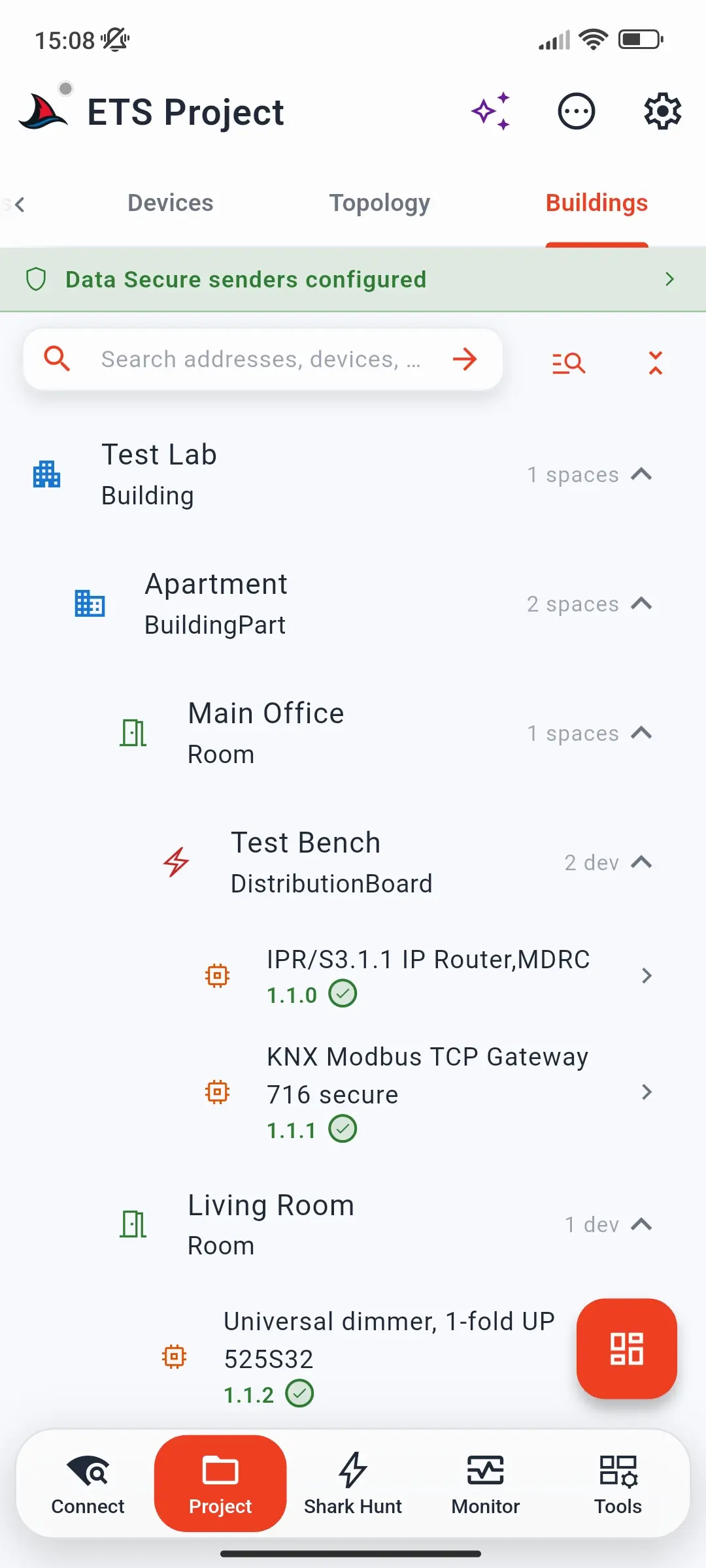 Buildings tab with a building, an apartment, rooms, a distribution board, and their devices