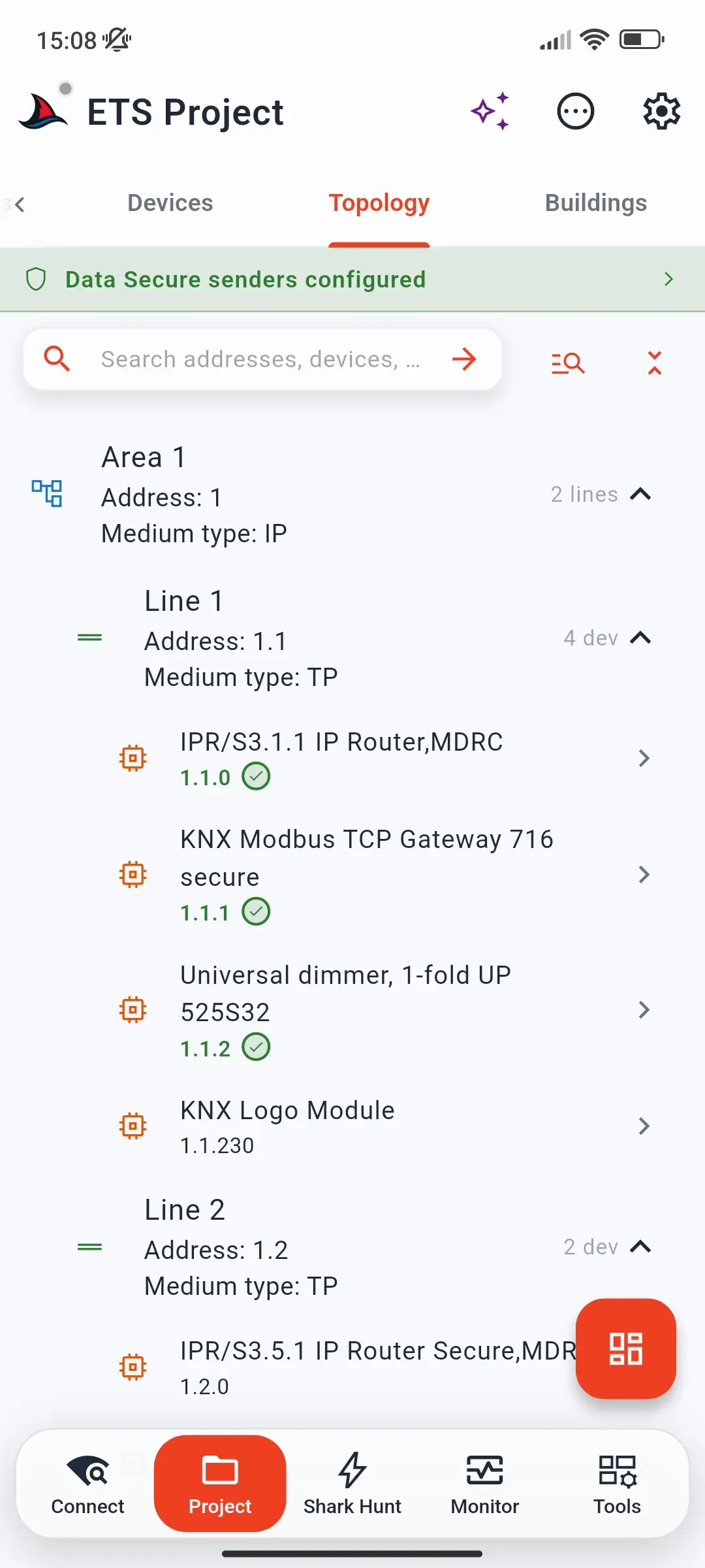 Topology tab with Area 1, Line 1 and Line 2, their medium types, and their devices