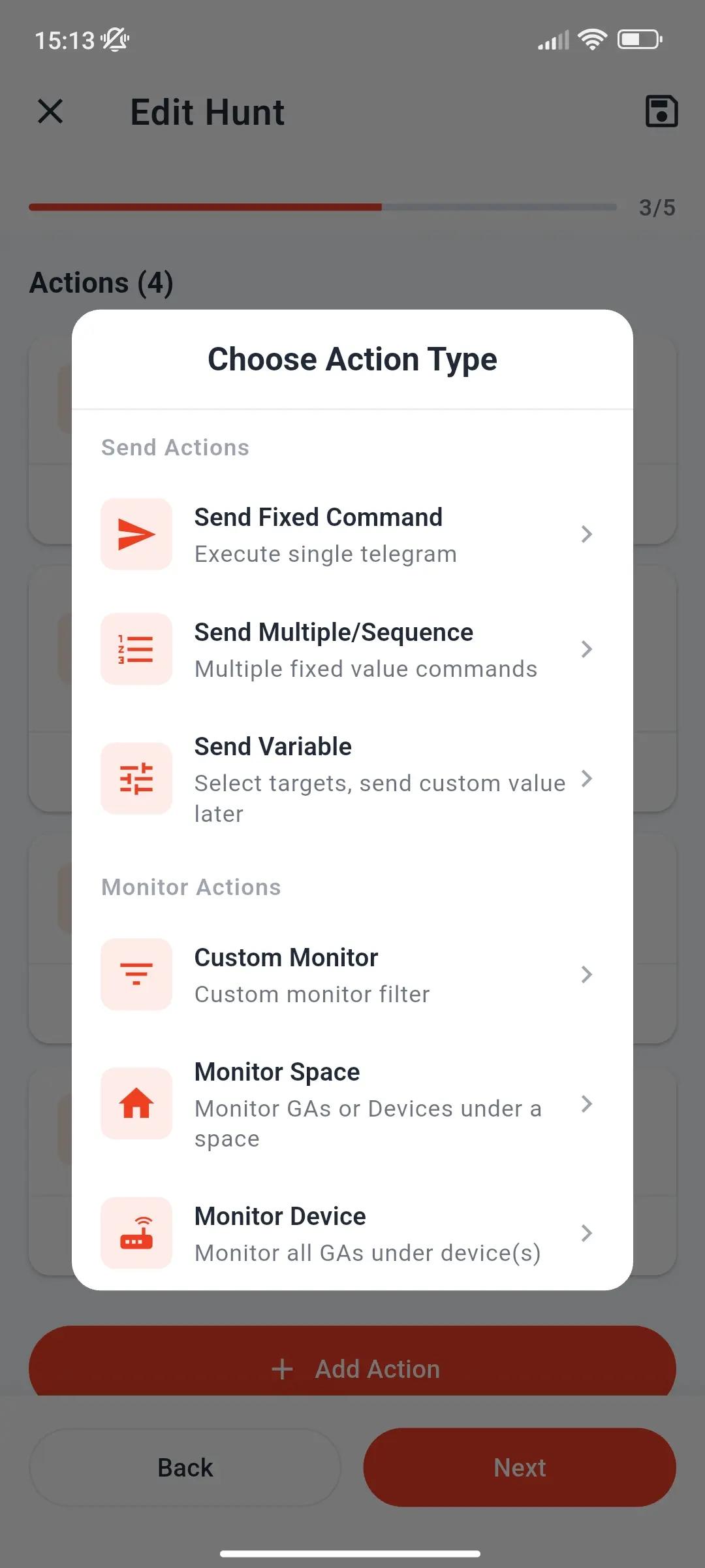 Choose Action Type dialog with Send Fixed Command, Send Multiple/Sequence, Send Variable, Custom Monitor, Monitor Space, and Monitor Device