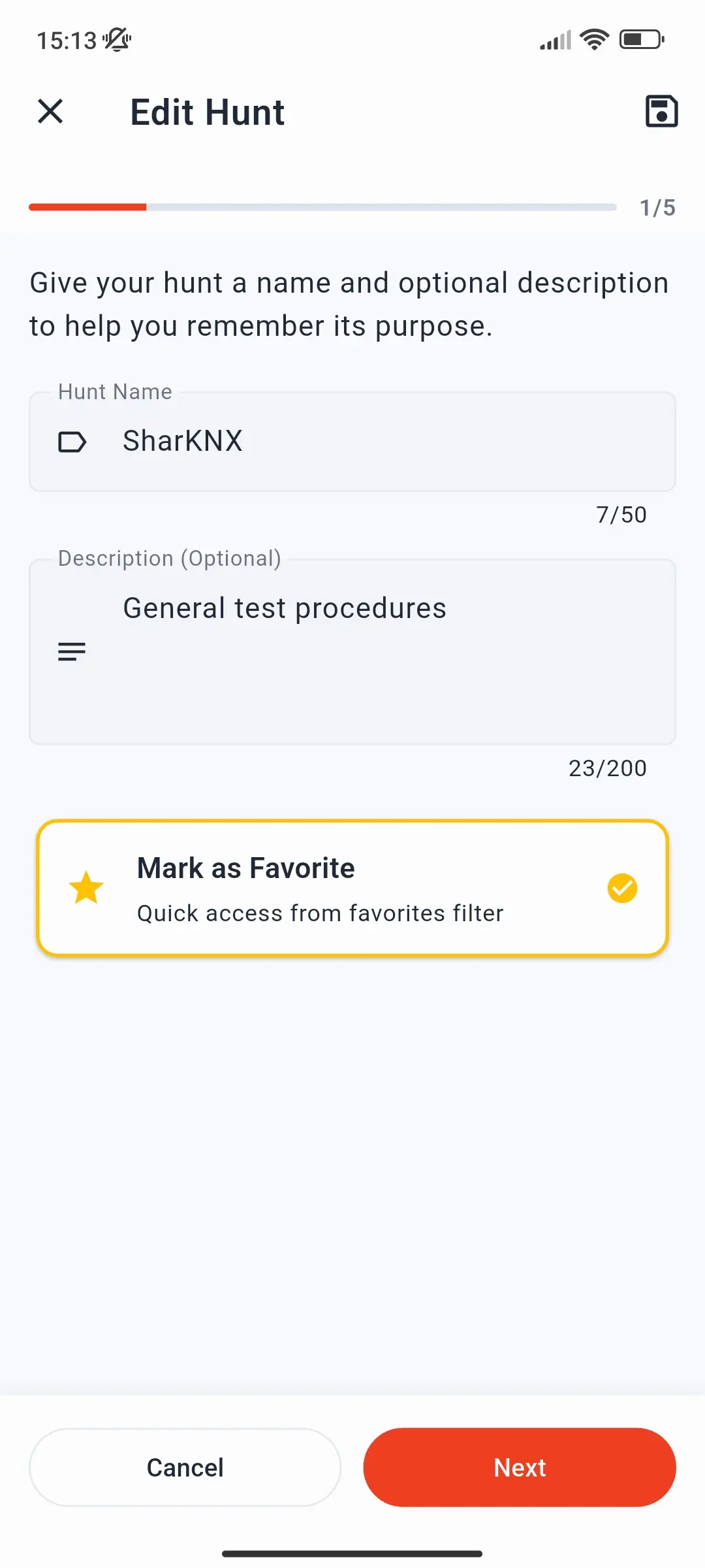 Step 1 of the hunt wizard with the hunt name, description, and Mark as Favorite
