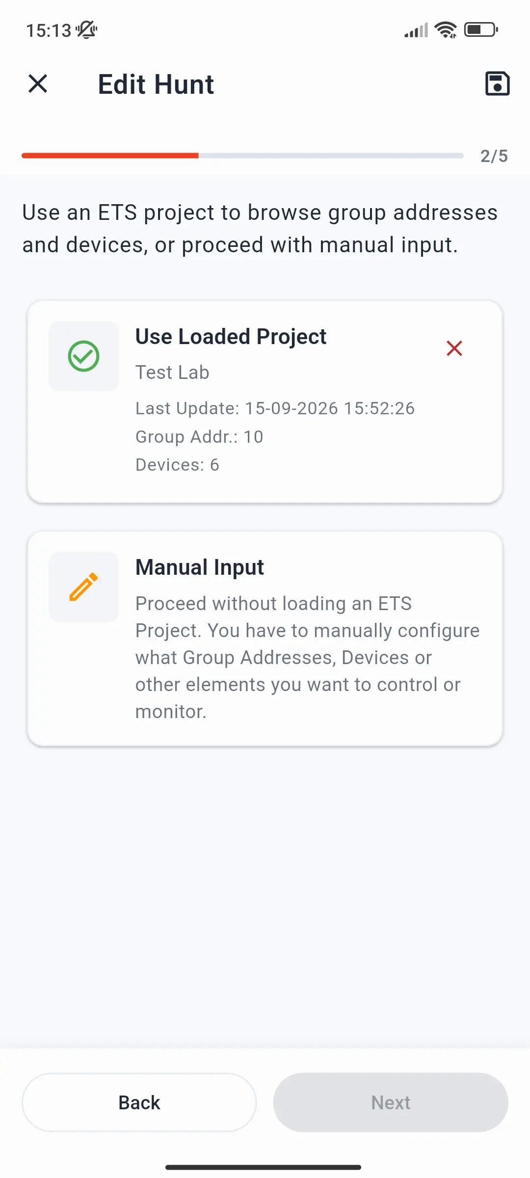 Step 2 of the hunt wizard with Use Loaded Project selected and the Manual Input option