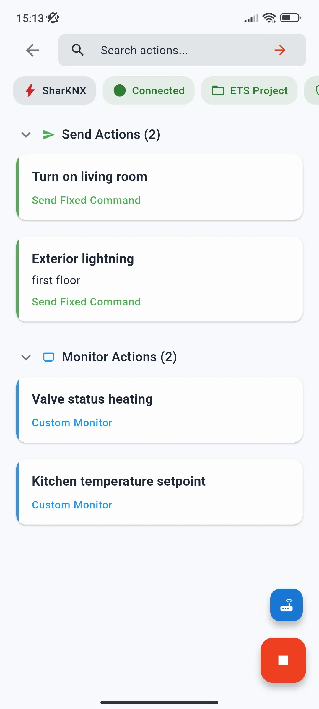 An open Shark Hunt, connected, with two Send Fixed Command actions and two Custom Monitor actions