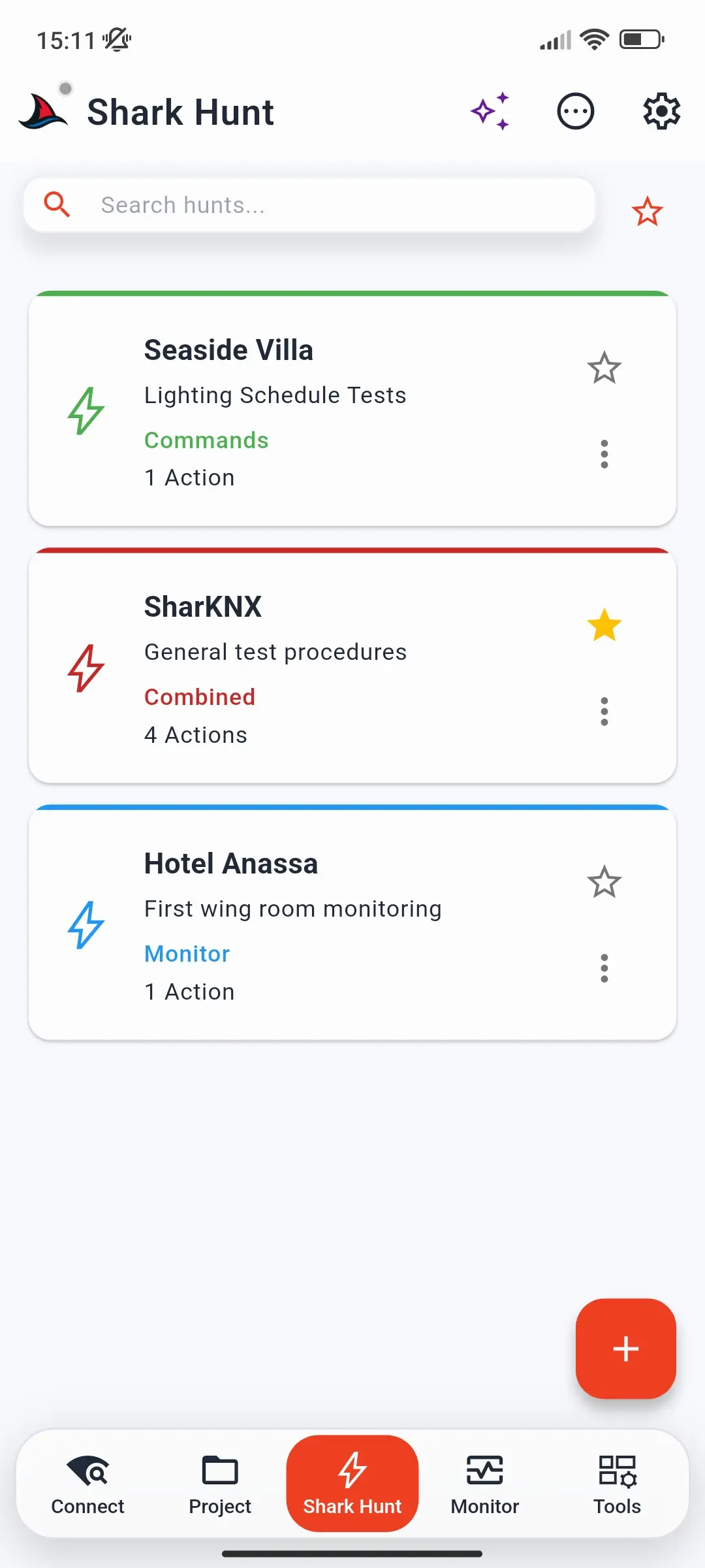 Shark Hunts main page with three hunts: green Commands, red Combined, and blue Monitor, one marked as favourite