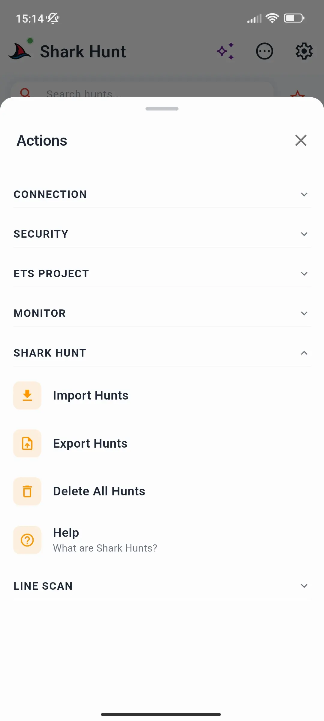 Actions sheet on the Shark Hunt page with Import Hunts, Export Hunts, Delete All Hunts, and Help